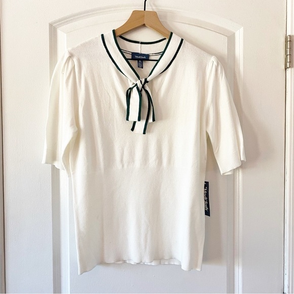 MODCLOTH Bow Thyself Ivory Tie Neck Knit Top NWT Sz XL - Picture 3 of 11